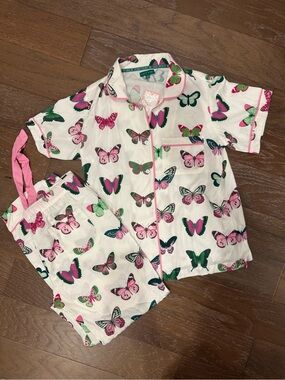 Katie K Butterfly-Print Pajama Top in White with Pink Trim and Green Accents